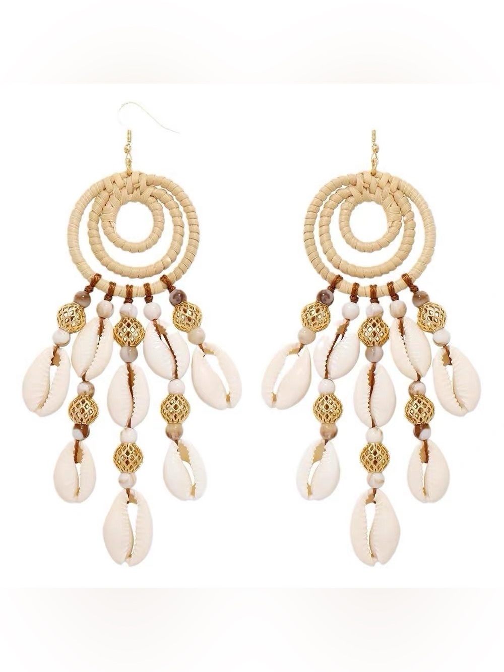 Boho Shell Drop Earrings - Beige Gold